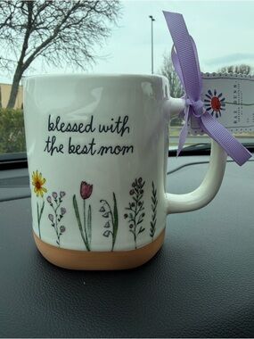 Rae Dunn White Floral "Blessed With The Best Mom" Ceramic Mug with Tan Base